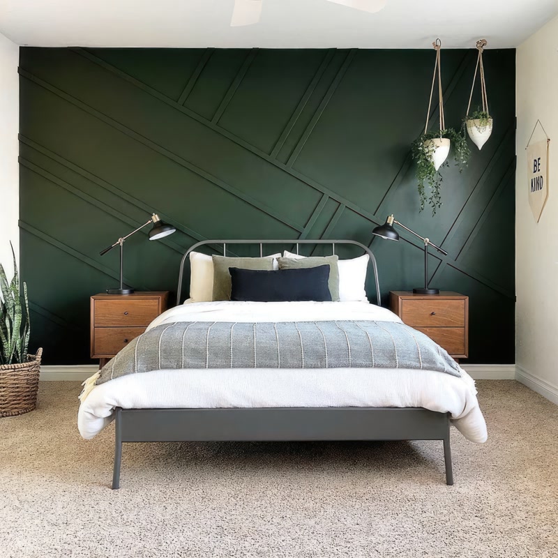 Dormitor Modern cu Profil din Poliuretan pe Perete Verde