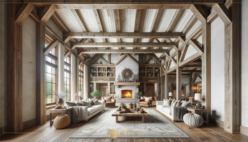 Living rustic spațios cu grinzi decorative din poliuretan pe tavan înalt, șemineu din piatră și ferestre mari.