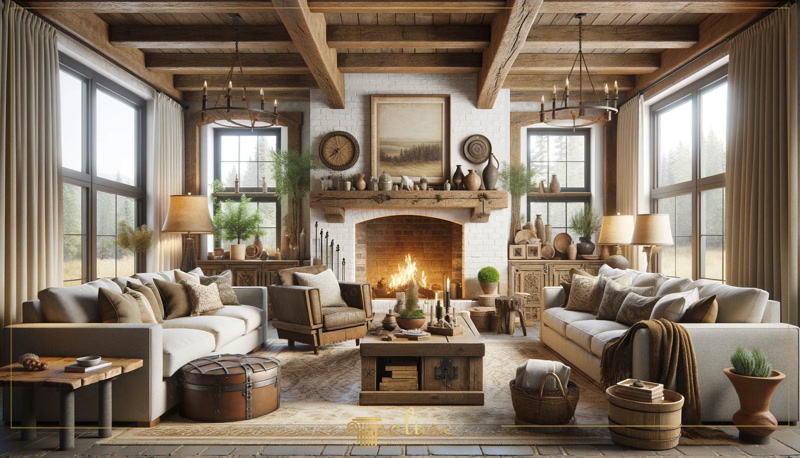 Tavan decorat cu grinzi din poliuretan aspect lemn rustic într-un salon spațios cu șemineu și canapele luminoase.