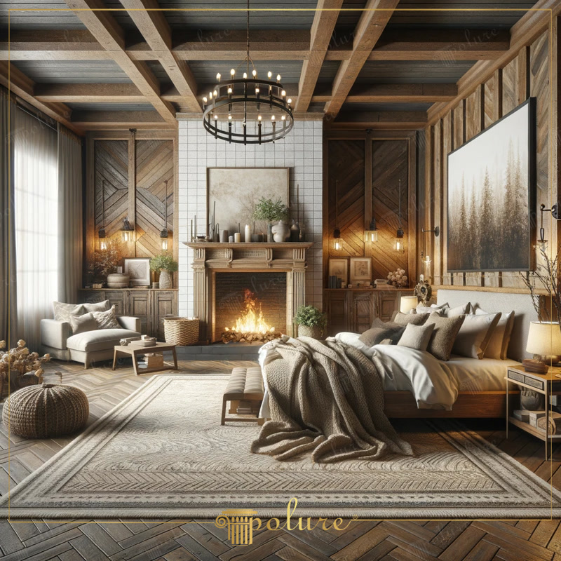 Dormitor Rustic cu Grinzi din Poliuretan și Șemineu Decorativ