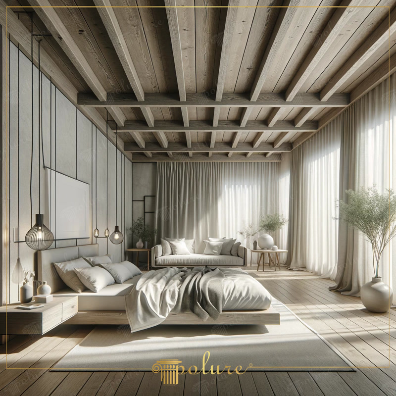 Dormitor rustic luminos cu tavan amenajat din grinzi decorative din poliuretan și pat din lemn pe fundal bej
