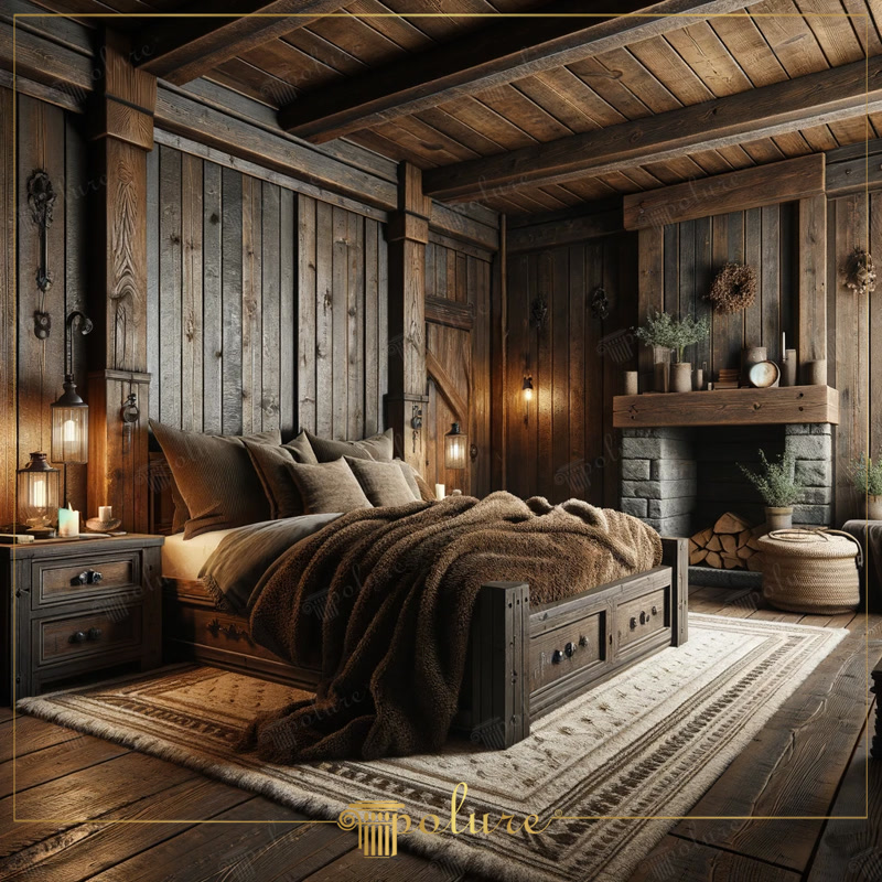 Dormitor rustic decorat cu grinzi din poliuretan cu aspect de lemn de stejar închis și șemineu din piatră.