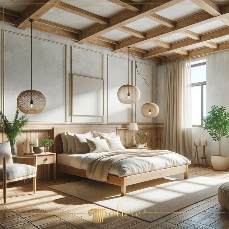 Dormitor rustic decorat cu grinzi din poliuretan pe tavan, perete cu lambriu și lămpi din împletitură.