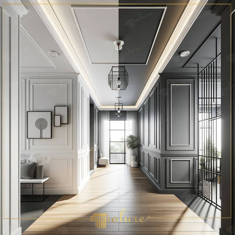 Design modern de hol bicolor alb si negru decorat cu profile din poliuretan, plinte si baghete de perete.