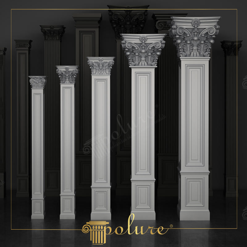 Pilastri decorativi din poliuretan cu capitul Corint si panouri rectangulare in diferite dimensiuni pe fond inchis