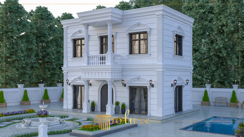 Fațadă albă de vilă neo-clasică decorată cu stucaturi, ancadramente de ferestre și coloane din poliuretan.