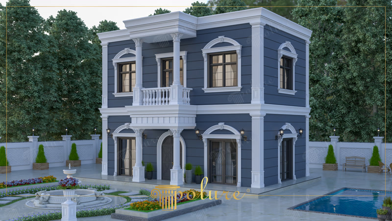 Fațadă de vilă neoclasică cu profilat din poliuretan alb, stâlpi decorativi P5040 și ancadramente arcuite P1456D135VIC.