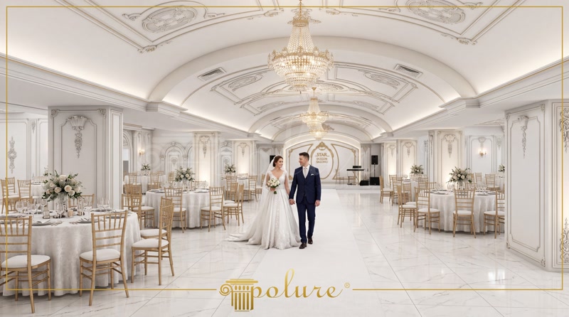 Interior clasic decorat cu pilaștri din poliuretan P5020, arcade P1456D și candelabre elegante pe fundal alb cu auriu.