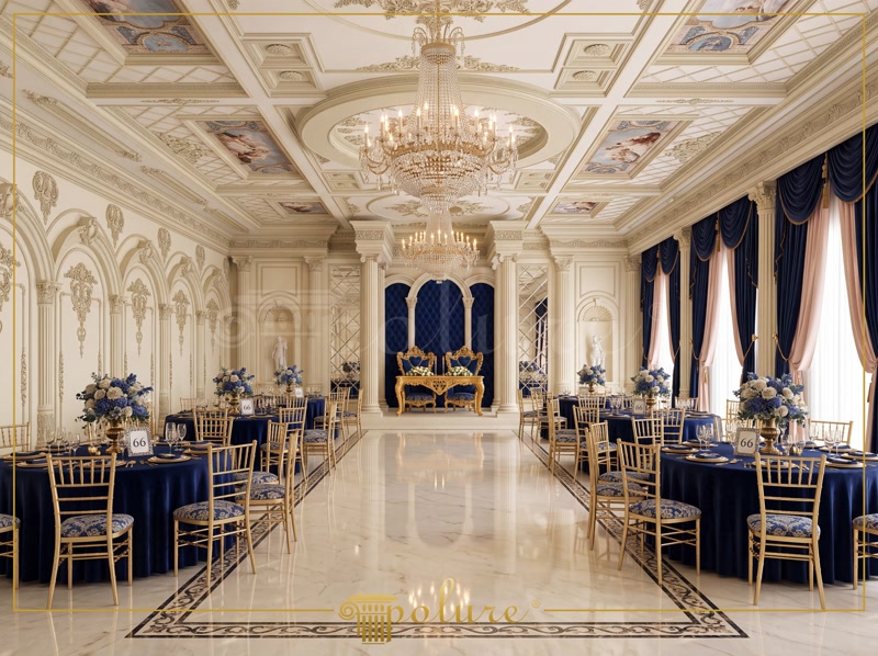 Sala de evenimente clasica decorata cu coloane si arcade din poliuretan, tavan pictat si oglinzi decorative.