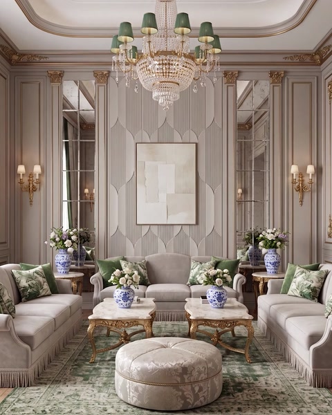 Living elegant cu panouri crem, candelabru verde și tablou minimalist