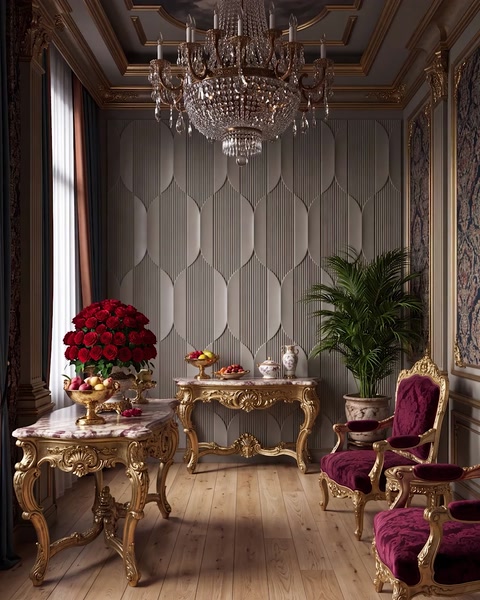 Salon opulent cu panouri crem, candelabru mare și mobilier auriu