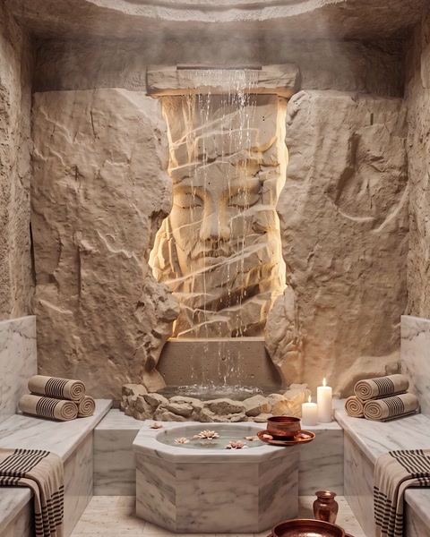 Relief la scară mare, iluminat lateral, fântână decorativă interior.