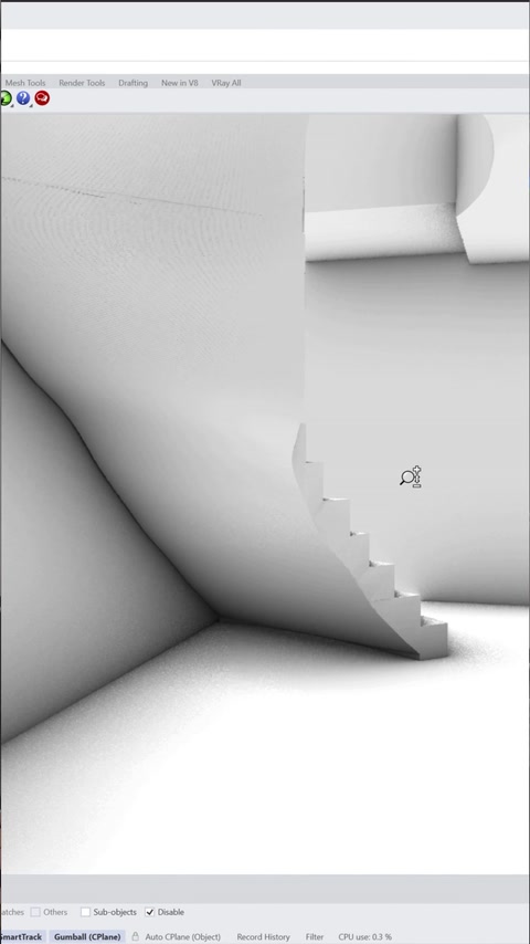 Modelul digital evidențiază geometria curbată a scării interioare.