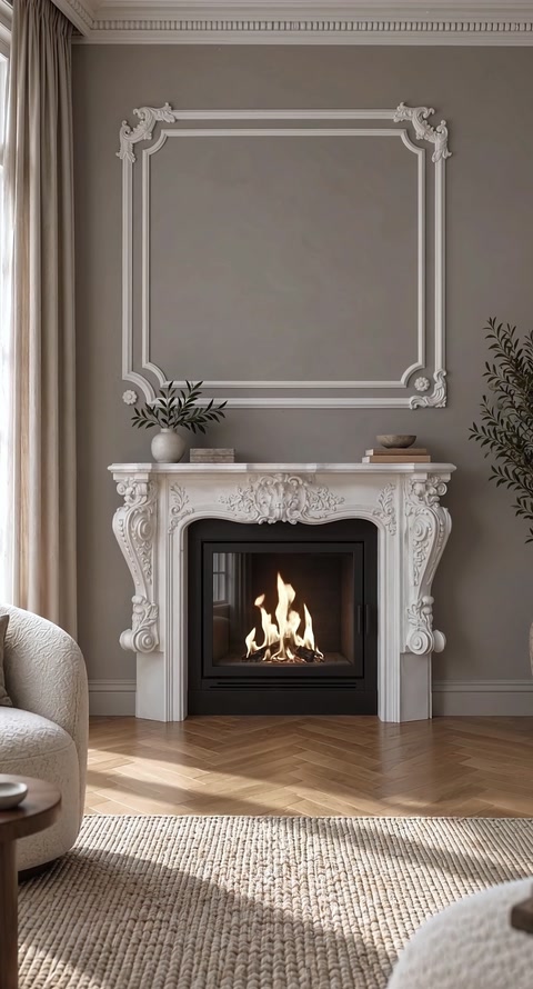 Șemineu ornamental aprins, completat de chenare decorative pentru perete.