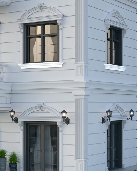 Randare 3D a unei clădiri cu cornișe și brâuri decorative