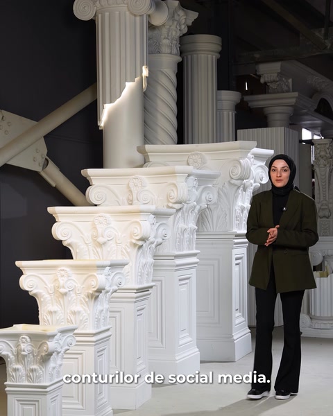 Femeie stă lângă un rând de capiteluri de diverse dimensiuni.