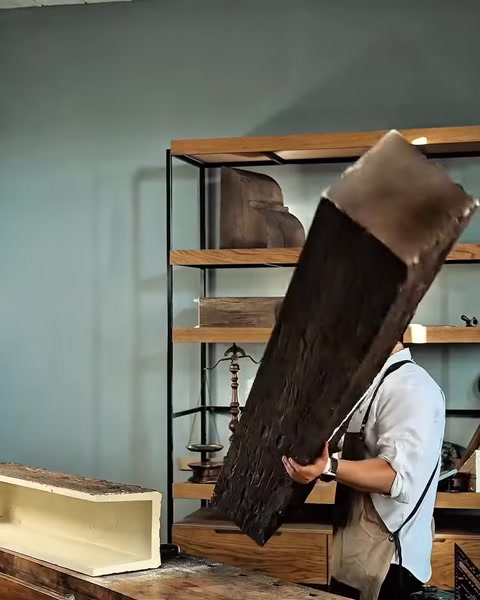 Bărbat transportă o grindă poliuretanică de culoare deschisă, prin atelier.