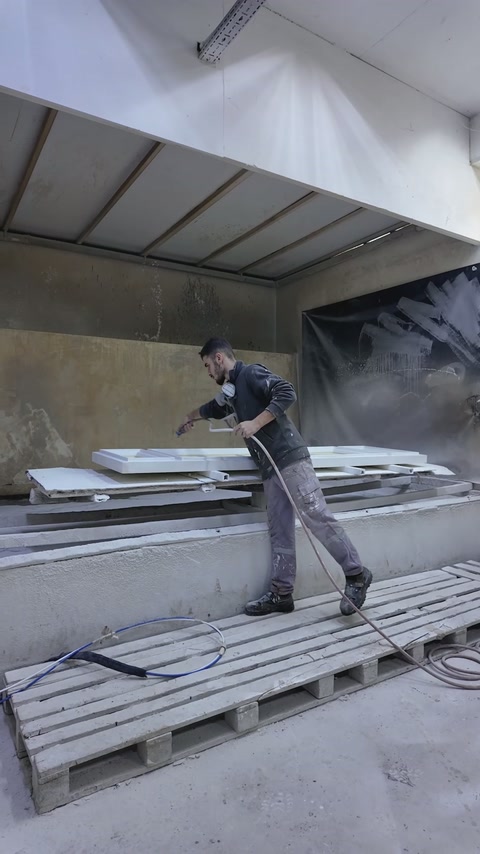Muncitorul pulverizează finisaj alb peste elementele decorative așezate