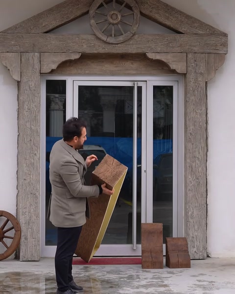Bărbat ține panou decorativ din lemn îngenuncheat la intrare