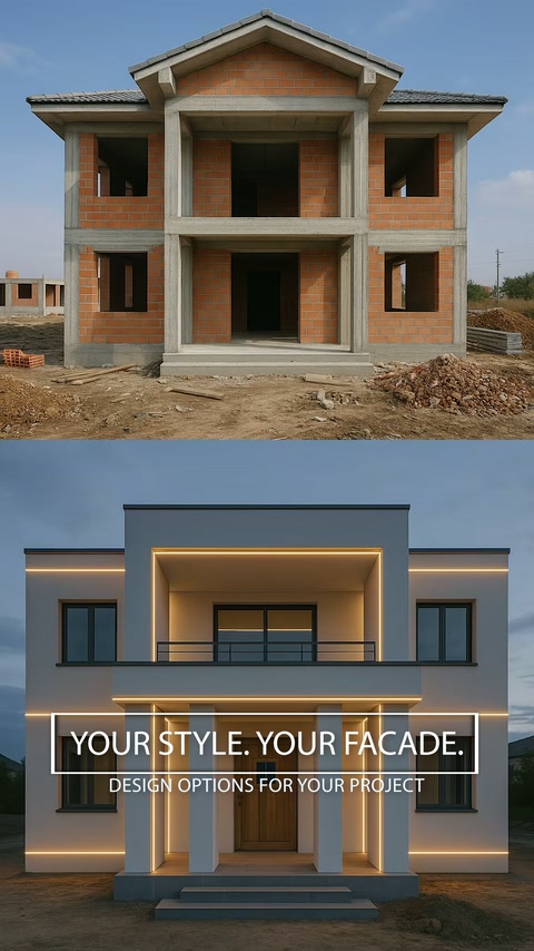 Fațadă în construcție comparată cu o propunere modernă decorată.