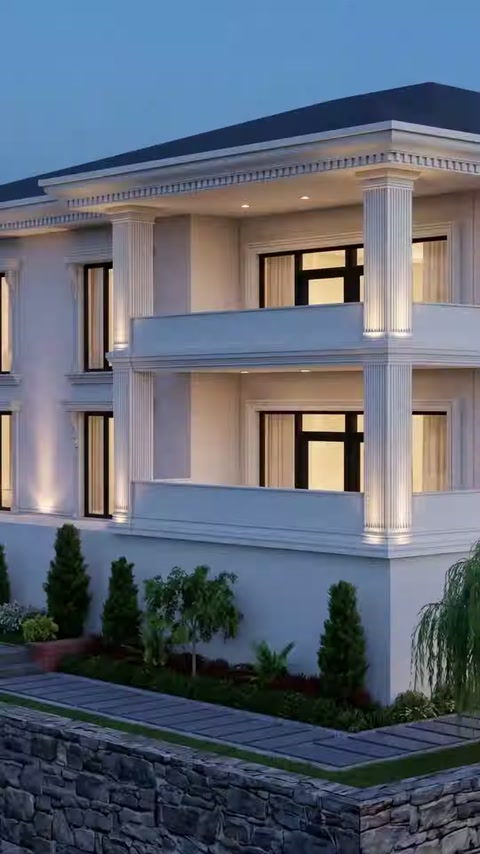 Vilă contemporană finisată cu coloane și profile exterioare discrete