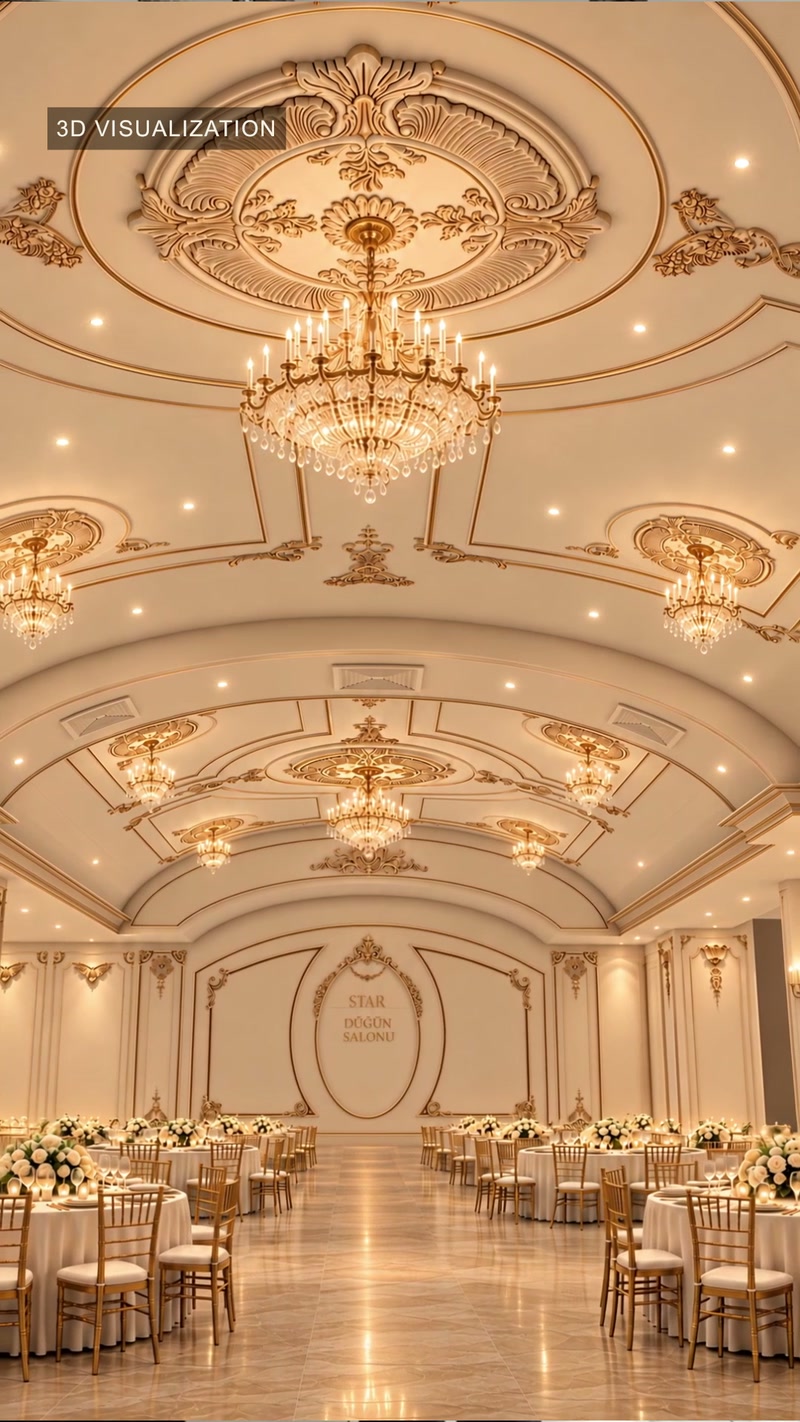 Design de salon de nunți cu rozete, cornișe și coloane din poliuretan