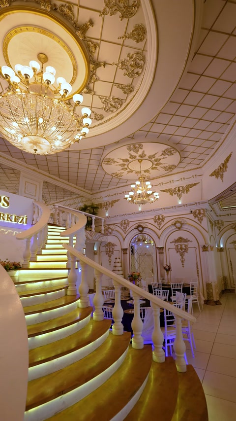 Scara curbată conduce spre plafonul bogat ornamentat al salonului.