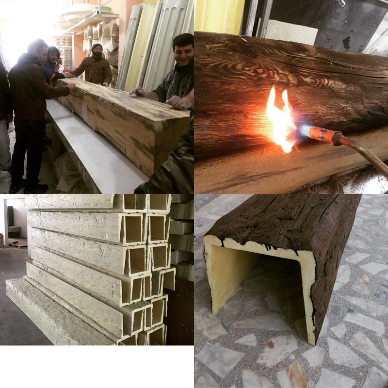 Imagini cu procesul de producție și finisare pentru grinzi din poliuretan cu profil U și textura de lemn rustic P1981D.
