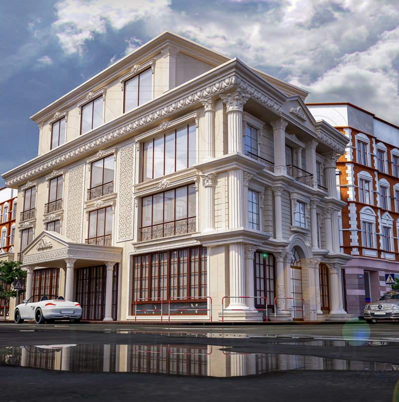 Fațadă Clasică Clădire cu Elemente Decorative din Poliuretan