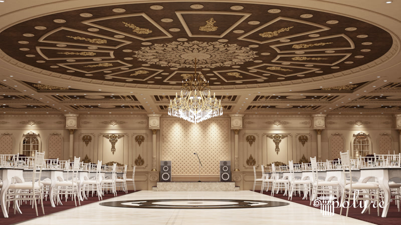 Sala de evenimente decorata cu cupola din poliuretan, stucaturi aurii, coloane decorative si panouri de perete clasice.