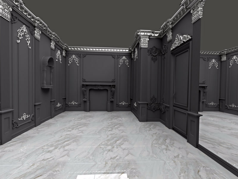 Salon clasic amenajat cu semineu din poliuretan, baghete decorative antracit si ornamente argintii pe perete.