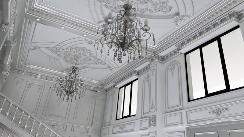 Decor interior de salon cu profiluri din poliuretan, tavan casetat cu ornamente argintii si ferestre mari negre