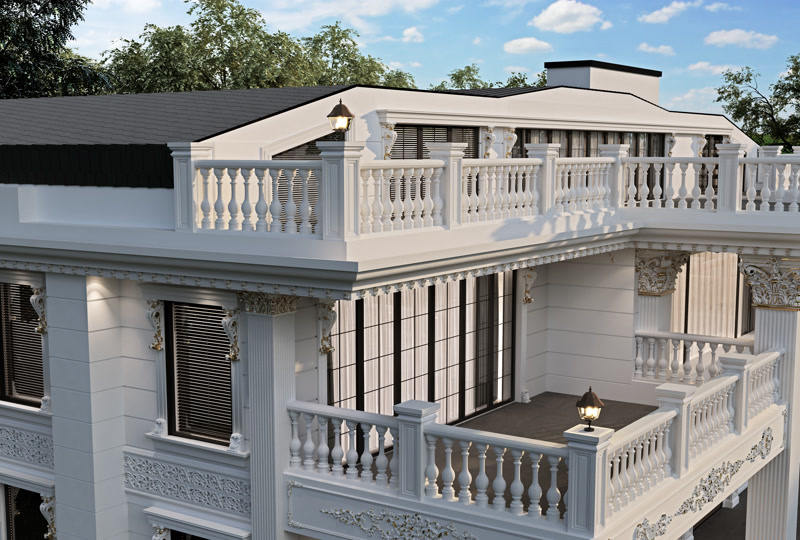 Balcon din Poliuretan și Stâlpi Decorativi pentru Vila Clasică Fațada acestei vile clasice reprezintă o îmbinare armonioasă între arhitectura tradițională și durabilitatea materialelor moderne, unde elementele decorative din poliuretan de densitate mare, între 150 și 150-220 kg/m³ (țintă ~160 kg/m³), conturează balcoanele și ferestrele spațioase. Ca proprietar, diminețile pe terasa de la etaj devin un ritual liniștitor în aer liber. Privind detaliile elegante ale balustradelor (PB7513, PBK20) și conturul ferm al ferestrelor, simți cum fiecare colț al exteriorului emană căldură și rafinament. Lumina naturală îmbracă fațada albă în nuanțe calde, creând un spațiu primitor unde te poți bucura de clipe speciale alături de familie.
Zona terasei superioare oferă un spațiu aerisit de relaxare, unde balustradele robuste din poliuretan asigură atât siguranță, cât și un impact vizual deosebit. Acest material inovator rezistă excelent la intemperii și variații de temperatură de la -100 °C / +80 °C, fără a suferi crăpături sau deformări în timp. Stâlpii pilastru (P5030W, P5040) încadrează pereții exteriori și adaugă o structură verticală elegantă, transformând o simplă terasă într-o extensie sofisticată a livingului interior. Serile de vară petrecute aici, sub lumina felinarelor montate pe soclurile balustradei, creează o atmosferă primitoare pentru cine festive sau momente de odihnă.
Spre deosebire de piatra clasică sau betonul greu, rezistența la apă cu un coeficient de absorbție sub 1% face ca poliuretanul să își păstreze albul imaculat fără eforturi mari de întreținere. Ancadramentele de fereastră (P1456, P1458, P1460) și consolele decorative (P6002, P9927) adaugă adâncime vizuală și protecție suplimentară împotriva scurgerilor de apă de ploaie. Fiecare detaliu al profilaturii exteriorului a fost gândit pentru a oferi familiei un sentiment de confort și stabilitate, transformând vila într-un adevărat cămin de vis.
Designul exterior armonizează perfect geamurile mari întunecate cu albul impecabil al ancadramentelor și al panourilor decorative (P3040, P82210). Finisarea ușoară cu vopsele pe bază de apă permite personalizarea nuanțelor după preferințele fiecărui proprietar. Această amenajare de exterior nu doar că sporește valoarea estetică a casei, dar oferă și un spațiu funcțional unde activitățile zilnice de relaxare capătă o notă sobră și caldă de eleganță clasică.