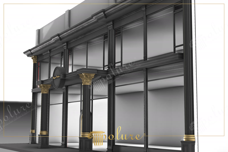 Fatade din poliuretan cu coloane si capituluri aurii Fatada din poliuretan rezistent reprezinta solutia ideala de finisaj exterior pentru spatii comerciale de lux si boutique-uri elegante. Aceasta configuratie arhitecturala imbina sticla generoasa a vitrinelor cu elemente decorative sculptate, oferind o prezenta vizuala bine structurata pe orice strada comerciala. Structura exterioara foloseste profiluri din poliuretan de inalta densitate de 150-220 kg/m³ (țintă ~160 kg/m³), garantand o rezistenta mecanica excelenta si o stabilitate dimensionala perfecta la diferente extreme de temperatura intre -100 °C / +80 °C.
Pentru un proprietar de afacere de familie, prima impresie a clientilor este esentiala cand trec pragul magazinului. Coloanele canelate de pe fatada creeaza o tranzitie primitoare si calduroasa din strada spre interiorul luminos al magazinului. Nuantele profunde de antracit si negru mat sunt Accentuate de capitulurile corintice cu detalii aurii, aducand un plus de definitie decorativa. Materialul poliuretanic are un coeficient de absorbtie a apei sub 1%, prevenind umflarea sau craparea elementelor de-a lungul anilor.
Integrarea pilastrilor si a capitulurilor pe cadrul vitrinelor permite incadrarea armonioasa a geamurilor mari securizate. Montajul profilelor se realizeaza rapid prin lipire cu adeziv structural si fixare mecanica discreta, fiind ulterior finisate in 2 straturi cu vopsea superlavabila de exterior pe baza de acril. Intretinerea zilnica este extrem de simpla, fiind suficienta o curatare periodica cu apa si detergent neutral pentru pastrarea aspectului impecabil.
Alegerea unui profil din poliuretan pentru decorarea exterioara transforma complet identitatea vizuala a spatiului comercial. Coronamentele superioare si braurile decorative adauga profunzime fatadei, creand un joc umbra-lumina atragator la lumina zilei si sub reflectoarele nocturne. Aceasta investitie durabila ofera o imagine profesionala, invitand trecatorii sa descopere atmosfera calda si primitoare din interior.