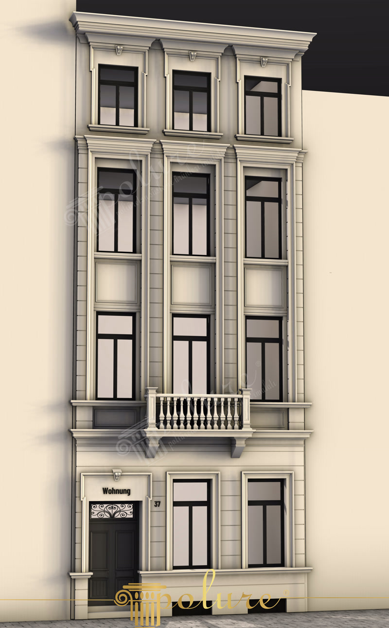Fațadă de clădire decorată cu profiluri din poliuretan, ancadramente ferestre, pilastri și balcon cu baluștri.