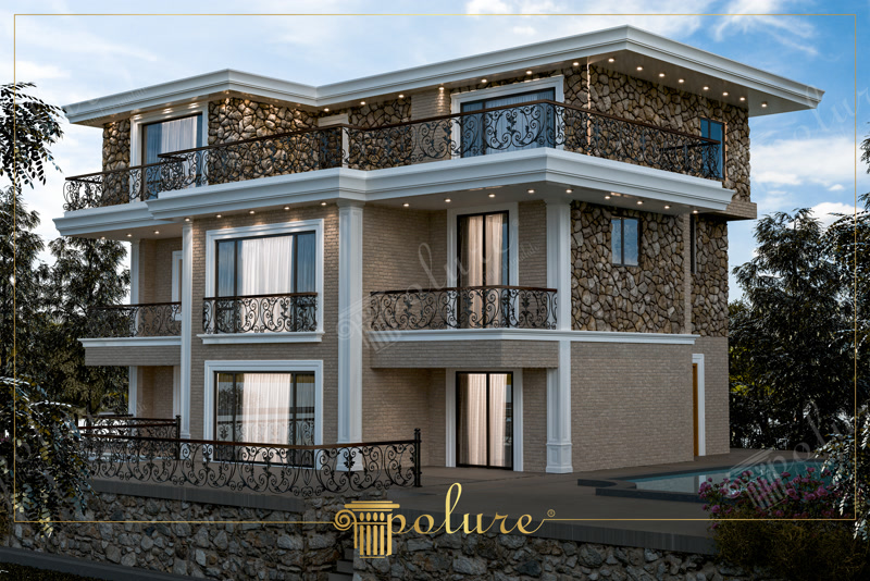 Poliuretan Decoratiuni Exterioare pentru Fațadă Vilă Fațada exterioară din poliuretan pentru vile moderne combină profile decorative rezistente la densități de 150-220 kg/m³ (țintă ~160 kg/m³) cu piatra naturală și cărămida aparentă. În această vilă cu 3 niveluri, fiecare dimineață începe cu lumina caldă a soarelui ce pune în evidență liniile curate ale ancadramentelor din poliuretan din jurul ferestrelor mari. Balcoanele spațioase oferă o priveliște panoramică asupra curții și piscinei, transformând serile de vară în momente relaxante alături de familie.
Stâlpii decorativi din poliuretan și stucaturile albe încadrează pereții cu textură rustică, oferind o izolație termică superioară și o rezistență excelentă la temperaturi între -100 °C / +80 °C. Proiectul include glafuri și ancadramente albe pe toate cele 3 etaje, creând o tranziție lină între piatră și suprafețele din cărămidă. Lumina spoturilor încorporate sub streașină proiectează umbre geometrice pe pereți, făcând ca exteriorul casei să fie fel de primitor noaptea ca și ziua.
În zona de parter, terasa placată cu piatră conectează direct spațiul de locuit cu zona piscinei exterioare. Profilele din poliuretan cu o rată de absorbție a apei sub 1% protejează colțurile și îmbinările împotriva umezelii și igrasiei, asigurând o durabilitate crescută de-a lungul anilor. Ferestrele mari glisante lasă lumina să pătrundă abundent în salon, păstrând în același timp confortul termic în interior.
Balustradele din fier forjat negru se potrivesc perfect cu albul curat al profilatului din poliuretan și cu tonurile calde ale cărămizii. Alegerea acestor elemente decorative arhitecturale schimbă complet percepția asupra unei locuințe, oferind o arhitectură elegantă și funcțională fără a necesita întreținere complicată.