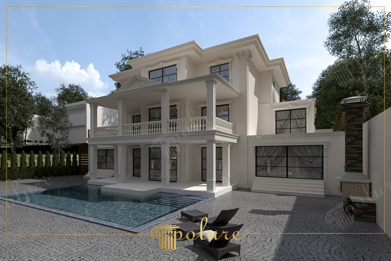 Fațade Clasice Vilă  Fațade clasice de vilă cu ancadramente, brâuri, cornișe și coloane din poliuretan: aspect sculptat, montaj peste termosistem, rezistență la int