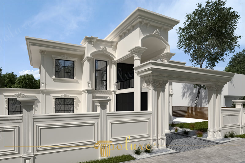 Fațadă de Vilă Clasică cu Coloane și Profil din Poliuretan Fațada clasică decorată cu elemente din poliuretan dens reprezintă o opțiune constructivă durabilă ce oferă locuinței un aspect monumental și o izolație vizuală impecabilă. În fiecare seară, când ne întoarcem acasă, imaginea acestei vile albe scăldate în lumina apusului ne transmite o senzație profundă de liniște, siguranță și confort familial. Intrarea principală este străjuită de un portic maiestuos cu coloane ornamentale, creând o zonă de primire caldă și primitoare pentru toți oaspeții noștri. Toate detaliile arhitecturale ale fațadei, de la soclu până la cornișele de la nivelul acoperișului, au fost concepute pentru a transforma o simplă clădire într-un adevărat cămin cu personalitate distinctă.
Alegerea profilurilor din poliuretan de înaltă densitate, având o masă volumică de peste 150-220 kg/m³ (țintă ~160 kg/m³), a fost decizia tehnică decisivă pentru finisarea exterioară a acestei vile. Acest material modern oferă o rezistență excelentă în intervalul de temperaturi de la -100 °C / +80 °C, fără a suferi fisuri sau deformări structurale din cauza înghețului ori a căldurii estivale extreme. Cu un coeficient de absorbție a apei de sub 0,1%, elementele decorative din poliuretan protejează zidăria împotriva umidității și previn apariția igrasiei. Ancadramentele ferestrelor și stâlpii de gard au fost tratați cu amorsă specială și vopsea acrilică de exterior aplicată în 2 straturi succesive, asigurând o rezistență de lungă durată împotriva razelor ultraviolete.
Ghidarea vizuală de la poarta de acces până la ușa principală este realizată prin intermediul panourilor decorative ale gardului și al coloanelor profilate care flanchează terasa. În curtea interioară, combinația dintre albul imaculat al poliuretanului și tâmplăria metalică neagră creează un spațiu aerisit, ideal pentru momentele de relaxare alături de familie în weekenduri. Lumina solară pune în valoare relieful capitelurilor corintice și liniile geometrice ale ancadramentelor de fereastră, adăugând adâncime vizuală fiecărei fațade. Fiecare element decorativ a fost amplasat pentru a spori armonia generală a locuinței și pentru a oferi un fundal primitor pentru peisajul verde al grădinii.
Montajul elementelor din poliuretan pentru fațadă se realizează rapid cu adezivi structurali poliuretanici, eliminând sarcinile suplimentare pe structura de rezistență a clădirii datorită greutății lor reduse. Spre deosebire de betonul decorativ sau piatra naturală, aceste profile se taie și se ajustează la fața locului cu un efort minim, permițând finisarea perfectă a colțurilor și a îmbinărilor. Rezultatul final oferă familiei noastre un spațiu de locuit plăcut, în care estetica clasică se îmbină perfect cu funcționalitatea modernă. Întreținerea exterioară este extrem de simplă, fiind suficientă o spălare periodică cu jet de apă pentru a păstra strălucirea albului inițial pe parcursul întregului an.