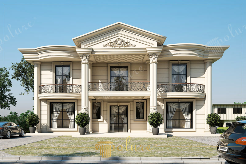 Fațade Clasice Vilă  Fațade clasice de vilă cu ancadramente, brâuri, cornișe și coloane din poliuretan: aspect sculptat, montaj peste termosistem, rezistență la int
