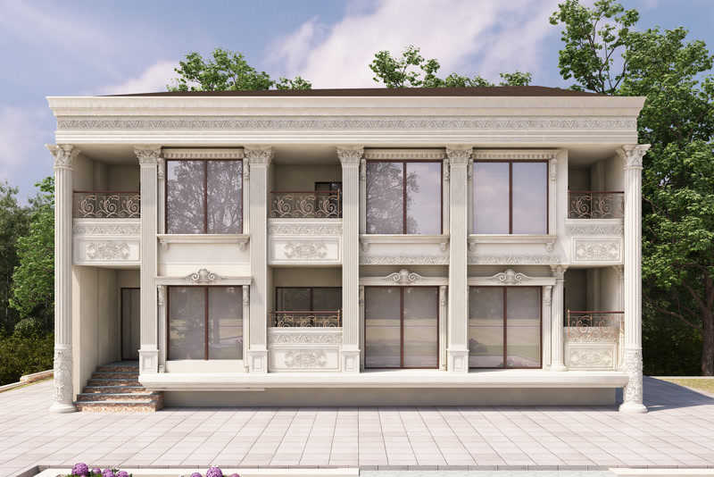Fațadă Clasică de Vilă cu Elemente Decorative din Poliuretan