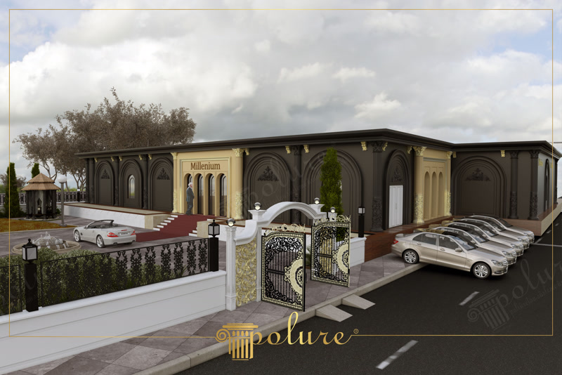 Fațade Clasice din Poliuretan pentru Săli de Evenimente Elementele decorative din poliuretan pentru fațade exterioare sunt soluții arhitectural durabile utilizate pentru a oferi clădirilor de festivități o prezență impunătoare și o atmosferă primitoare. Atunci când proiectăm un spațiu destinat reuniunilor de familie, precum sălile de festivități Millenium, fațada exterioară reprezintă cartea de vizită care întâmpină oaspeții cu căldură. Combinația cromatică dintre fundalul antracit închis și accentele aurii ale profilatelor creează o ambianță festivă deosebită. Pilastrii verticali (modelele P5018, P5018A și P5018B) încadrează intrările într-o manieră simetrică, făcând ca fiecare sosire a invitaților să devină un moment festiv deosebit.
Alegerea materialelor potrivite pentru finisarea exteriorului este esențială pentru menținerea aspectului impecabil de-a lungul anilor. Poliuretanul dens utilizat pentru aceste profile exterioare are o densitate optimă de 150-220 kg/m³ (țintă ~160 kg/m³), oferind o rezistență mecanică ridicată și o suprafață fină, pregătită pentru vopsire. Structura sa chimică rezistă la variații severe de temperatură, făcând fațada durabilă în intervalul cuprins între -100 °C / +80 °C. Datorită acestei stabilități dimensionale, rosturile de îmbinare dintre pilastri și panouri rămân invizibile, prevenind degradarea cauzată de ciclurile de îngheț-dezgheț din timpul iernii.
Designul fațadei integrează coloane clasice (modelele P5560, P5860 și P5960B) alături de panouri decorative gofrate (P8110) și ornamente sculptate (P28120) aplicate deasupra arcadelor. Un alt parametru tehnic definitoriu este rata redusă de absorbție a apei, menținută strict sub 1%, ceea ce protejează structura împotriva mucegaiului și a umidității. Nuanțele aurii aplicate pe capitelurile coloanelor adaugă o notă festivă care reflectă frumos lumina naturală pe parcursul zilei și creează jocuri luminoase calde la iluminatul nocturn.
Zona de acces și curtea exterioară sunt întregite de poarta decorativă și aleea largă, concepute pentru a ghida pașii vizitatorilor spre zona de recepție. Gardul de protecție combină bordura albă din poliuretan cu elemente din fier forjat, asigurând un echilibru vizual plăcut și o securitate discretă. Alegerea profilelor decorative din poliuretan permite obținerea unei estetici neoclasice impunătoare fără a suprasolicita structura de rezistență a clădirii, fiind alegerea ideală pentru proprietarii care doresc să creeze un mediu primitor, spațios și memorabil pentru toate sărbătorile de familie.