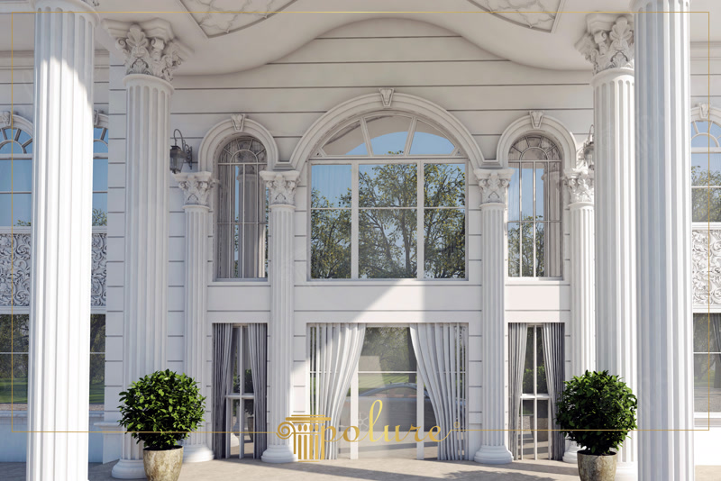 Fațade Clasice Vilă  Fațade clasice de vilă cu ancadramente, brâuri, cornișe și coloane din poliuretan: aspect sculptat, montaj peste termosistem, rezistență la int