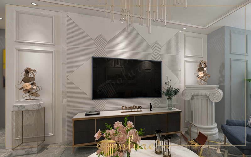 Perete Decorativ Geometric  Perete decorativ geometric realizat din baghete de poliuretan: romburi și chenare cu muchii precise, montaj cu adeziv și finisaj vopsit ton pe ton, 
