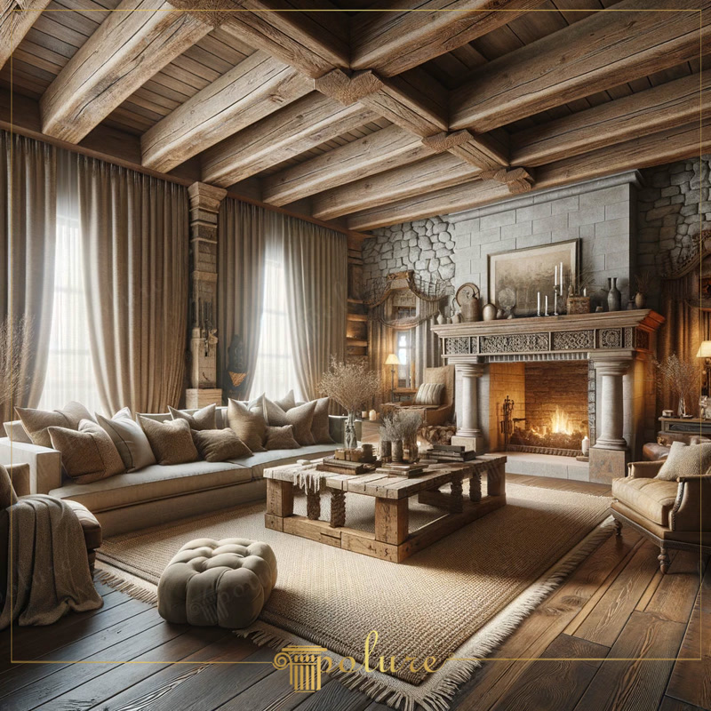 Grinzi Decorative din Poliuretan pentru Tavan Rustic Livingul rustic cu tavan casetat din poliuretan este un spațiu de relaxare proiectat pentru a aduce căldura unei cabane montane în centrul căminului familial. În serile răcoroase de iarnă, întreaga familie se adună în jurul șemineului placat cu piatră, în timp ce lumina caldă a focului scoate în evidență textura bogată a lemnului de pe tavan. Această cameră de zi oferă un refugiu primitor, unde mobilierul moale în nuanțe bej și maro se îmbină armonic cu elementele naturale ale arhitecturii interioare, creând cadrul ideal pentru conversații lungi și momente de odihnă.

Elementul central al tavanului este realizat cu ajutorul profilelor din gama P1981 (de la P1981A până la P1981L), care imită cu acuratețe aspectul bustenilor și al grinzilor din lemn masiv cioplit. Realizate dintr-un poliuretan de înaltă densitate, de aproximativ 150-220 kg/m³ (țintă ~160 kg/m³), aceste grinzi decorative oferă textura vizuală a lemnului vechi fără a îngreuna structura de rezistență a clădirii. În plus, materialul prezintă o rată de absorbție a apei de sub 1% și rezistă la fluctuații de temperatură între -100 °C / +80 °C, asigurând o durabilitate excelentă în timp fără riscul de deformare sau crăpare.

Din punctul de vedere al utilizării zilnice, montajul grinzilor din poliuretan ușurează semnificativ procesul de renovare, având o greutate redusă de sub 2 kg pe metru liniar în comparație cu grinzile din lemn natural. Structura în carou de pe tavan ajută la mascarea discretă a cablurilor electrice sau a imperfecțiunilor tencuielii, oferind un finisaj curat și bine structurat. Nuanțele calde de nuc și finisajul mat pregătit prin șlefuire fină cu granulație de 150-180 creează un vizual echilibrat, completat perfect de perdelele lungi din in și masa din lemn brut din centrul încăperii.

Atmosfera din acest living demonstrează cum elementele decorative din poliuretan pot transforma un spațiu obișnuit într-o locuință plină de personalitate și confort. Îngrijirea tavanului este extrem de simplă, fiind necesară doar o ștergere periodică cu o lavetă uscată sau ușor umezită. Prin combinarea pietrei naturale, a țesăturilor moi și a grinzilor decorative, spațiul devine un loc funcțional, călduros și adaptat stilului de viață modern al oricărei familii.
