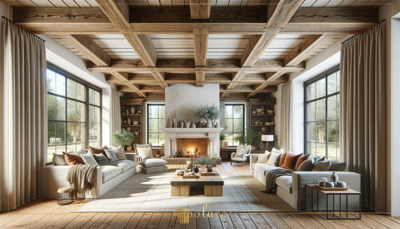 Grinzi din poliuretan pentru tavan rustic de living Grinzile decorative din poliuretan reprezintă soluția ideală pentru a aduce căldura stilului rustic în livingurile moderne fără a supraîncărca structura de rezistență a casei. În acest living generos, amenajarea gravitează în jurul șemineului central, în timp ce plafonul casetat atrage privirea prin profunzimea și textura sa distinctă. Materialul din poliuretan de înaltă densitate, având o valoare de 150-220 kg/m³ (țintă ~160 kg/m³), reproduce fidel fiecare nod și fibră a lemnului natural patinat, oferind în același timp rezistență sporită la umiditate și o rată de absorbție a apei de sub 1%. Astfel, tavanul devine elementul central care adună întreaga familie în serile răcoroase de iarnă.
Atmosfera din această cameră de zi este concepută pentru relaxare, socializare și confortul zilnic al întregii familii. Ferestrele mari permit luminii naturale să pătrundă din abundență, punând în valoare nuanțele calde ale pachetului de grinzi din poliuretan din seria P1981A până la P1981L. Mobilierul în tonuri neutre de crem și bej, combinat cu pernele confortabile, creează un contrast vizual echilibrat cu structura închisă la culoare a tavanului. Este locul ideal unde copiii se pot juca pe covorul moale, iar părinții se pot bucura de o lectură liniștită lângă focul din șemineu.
Alegerea unui tavan casetat din poliuretan rezolvă eficient provocările de montaj specifice lemnului masiv greu. Datorită masei reduse, elementele decorative pot fi fixate rapid cu adeziv special pe bază de polimeri, fără a necesita prinderi mecanice complexe sau consolidări ale structurii existente. Polimerul își menține proprietățile structurale la temperaturi extreme cuprinse între -100 °C / +80 °C, prevenind fisurile sau deformările în timp. Ritmul simetric al grinzilor încrucișate creează un joc geometric plăcut, oferind livingului un aer elegant de conac fără costurile de întreținere specifice lemnului natural.
Completat de rafturile din lemn încorporat și decorațiunile ceramice de pe polița șemineului, acest living demonstrează cum designul rustic se adaptează stilului de viață contemporan. Utilizarea elementelor decorative din poliuretan oferă libertate totală în personalizarea nuanțelor, permițând vopsirea ușoară cu vopsele pe bază de apă. Rezultatul este un spațiu de locuit cald, luminos și extrem de primitor, pregătit să găzduiască momente memorabile alături de cei dragi.