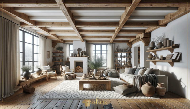 Decor Rustic Living  Decor rustic în living cu grinzi, console și brâuri din poliuretan turnat. Textură de lemn îmbătrânit, montaj ușor și finisaj vopsibil la ale