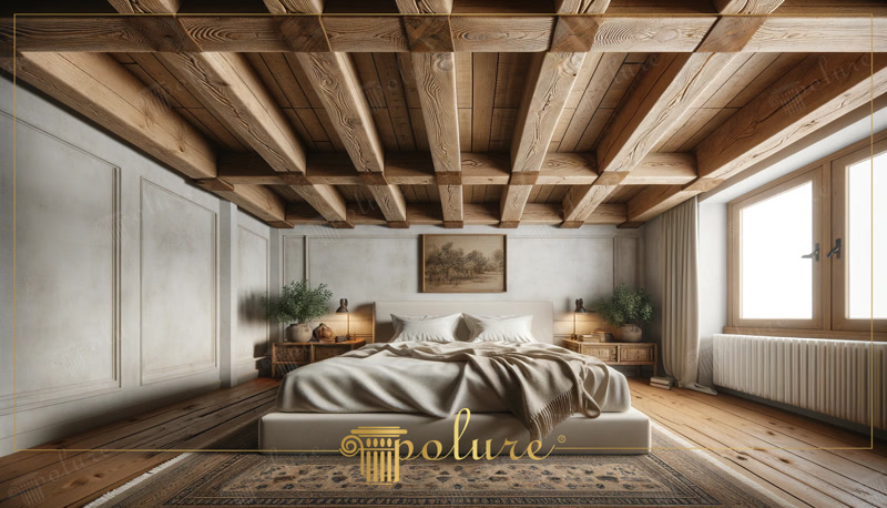 Dormitor Rustic Modern  Dormitor rustic modern cu grinzi, profile și panouri decorative din poliuretan: montaj curat, finisaj vopsibil. Inspirație la Decoratiuni Casa.