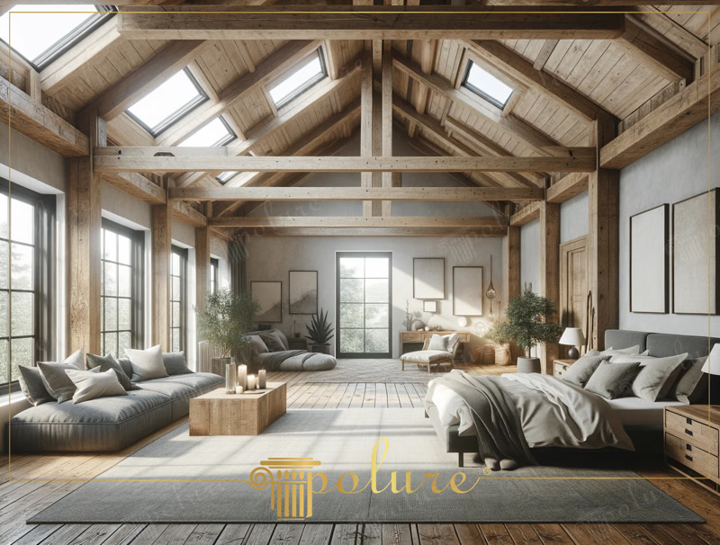 Grinzi Decorative din Poliuretan pentru Mansardă Rustică Grinzile decorative din poliuretan reprezintă o soluție practică pentru amenajarea tavanului în stil rustic, imitând textura lemnului natural fără a încărca structura clădirii. În acest dormitor spațios de la mansardă, grinzile și căpriorii din poliuretan din seria P1981 (de la P1981A până la P1981L) creează atmosfera caldă a unei cabane montane. Lumina naturală pătrunde generos prin ferestrele de tavan, punând în evidență detaliile sculpturale ale fibrei de lemn imprimate pe suprafața fiecărui element decorativ. Spațiul devine un refugiu primitor, unde colțul de relaxare cu canapea confortabilă se îmbină armonios cu zona principală de dormit.
Din punct de vedere tehnic, elementele decorative din poliuretan utilizate la tavan au o densitate ridicată de peste 150-220 kg/m³ (țintă ~160 kg/m³), oferind rezistență crescută la impact și stabilitate dimensională în timp. Spre deosebire de grinzile din lemn masiv care pot cântări zeci de kilograme, aceste profiluri din poliuretan au o greutate redusă, fiind foarte ușor de montat pe plafoane înclinate cu adeziv special. Cu o rată de absorbție a apei de sub 1%, poliuretanul previne apariția mucegaiului și rezistă la variații de temperatură între -100 °C / +80 °C, fiind ideal pentru mansarde expuse schimbărilor climatice de sezon.
Amenajarea acestui dormitor îmbină nuanțele calde ale grinzilor din lemn aparent cu tonuri neutre de gri și crem în zona mobilierului și a textilelor. Paturile confortabile, covoarele moi din fibre naturale și iluminatul cald completează structura spectaculoasă a tavanului în două ape. Elementele din seria P1981 sunt aranjate într-o rețea geometrică complexă, legând stâlpii verticali de grinzile transversale și merteci. Fiecare dimineață în acest spațiu oferă senzația unei vacanțe linistite, un ambient odihnitor creat pentru întreaga familie.
Montajul profilurilor decorative din poliuretan se realizează rapid, fără a fi necesare lucrări de consolidare a structurii existente a acoperișului. Grinzile pot fi debitate simplu la dimensiunea dorită cu un ferăstrău manual și pot fi vopsite cu vopsele pe bază de apă dacă se dorește o schimbare de nuanță în timp. Curățarea suprafețelor se face ușor, prin ștergere cu o lavetă umedă, făcând din poliuretan o alegere durabilă și estetică pentru locuințele contemporane.
