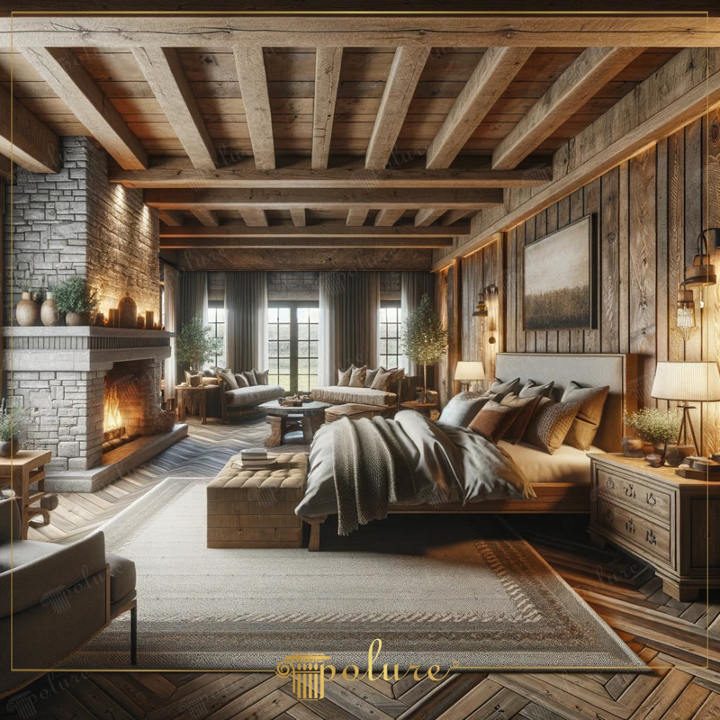 Dormitor rustic cu grinzi poliuretan decorative și șemineu din piatră Grinzile din poliuretan cu imitație de lemn reprezintă o soluție decorativă ușoară și rezistentă pentru crearea unui plafon rustic în locuințele moderne. În acest dormitor spațios inspirat din arhitectura cabanelor montane, tavanul din lemn aparent devine elementul central care oferă căldură și intimitate întregului spațiu. În fiecare dimineață, lumina naturală pătrunde prin ferestrele înalte și scoate în evidență textura reliefată a tavanului, creând un joc plăcut de umbre și lumini deasupra patului matrimonial.

Pentru realizarea acestui plafon structurat s-au utilizat 12 profiluri distincte din gama de grinzi decorative, respectiv modelele P1981A, P1981B, P1981C, P1981D, P1981E, P1981F, P1981G, P1981H, P1981I, P1981J, P1981K și P1981L. Fabricate din spumă poliuretanică de înaltă densitate, având o valoare cuprinsă între 150-220 kg/m³ (țintă ~160 kg/m³), aceste elemente decorative imită fidel fibra și nodurile lemnului natural fără a îngreuna structura de rezistență a clădirii. Materialul rezistă la variații de temperatură între -100 °C / +80 °C și prezintă o rată de absorbție a apei de sub 1%, fiind protejat împotriva umidității și deformărilor în timp.

Atmosfera din interior este completată de prezența șemineului zidit din piatră naturală, care aduce un plus de confort în serile răcoroase. Parchetul din lemn masiv montat în stil brăduț, covoarele din fibre naturale și textilele în nuanțe calde de cafeniu și vizon creează un spațiu de odihnă echilibrat. Lumina caldă furnizată de aplicele de perete și veiozele de pe noptiere pune în valoare detaliile arhitecturale și finisajele lemnoase ale pereților.

Alegerea elementelor din poliuretan în locul grinziilor din lemn masiv oferă avantaje practice majore la montaj și întreținere. Profilele se fixează rapid cu adezivi structurali dedicați, fără a necesita prinderi mecanice grele sau prelucrări complexe. Tavanul astfel amenajat își păstrează aspectul impecabil pe termen lung, oferind căldura vizuală a unui refugiu montan în confortul propriei case.