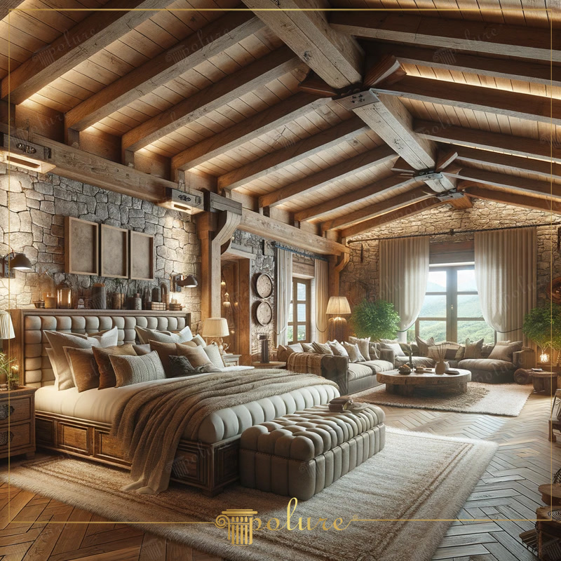 Dormitor rustic spațios cu grinzi decorative din poliuretan pe tavan, perete din piatră și pat tapitat comod.